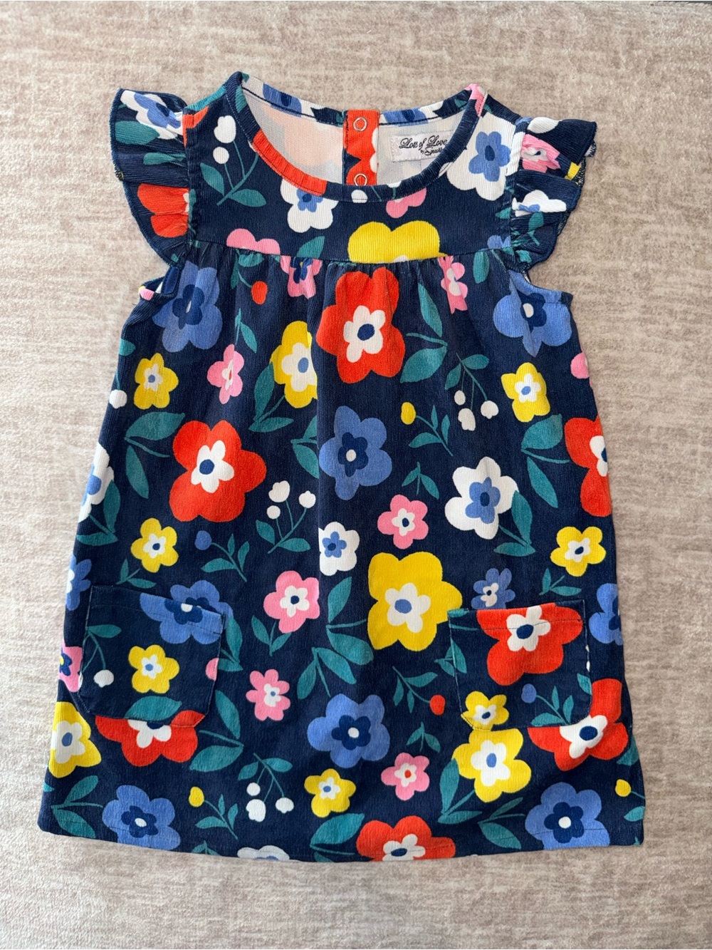 Girls Navy Floral Flutter-Sleeve Dress with Bright Blooms